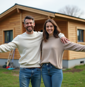 Maison pas cher à construire : forme idéale et économique ? Jeune couple souriant devant leur maison moderne en construction