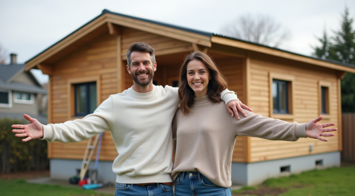Jeune couple souriant devant leur maison moderne en construction