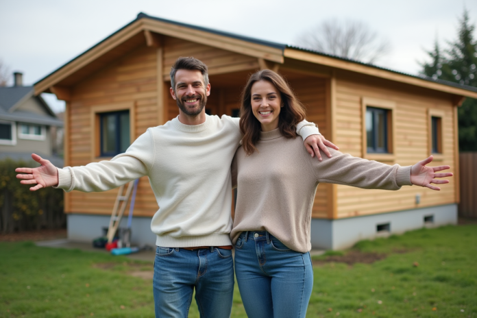 couple-maison-neuve Jeune couple souriant devant leur maison moderne en construction