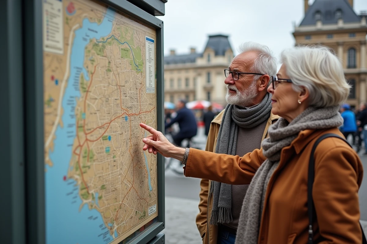 Couple de 50 ans consulte une carte à Paris dans la rue