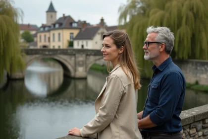 Couple se promenant sur un pont en pierre au bord du Loing à Souppes-sur-Loing, entouré de saules pleureurs et de bâtisses calcaires typiques de la région