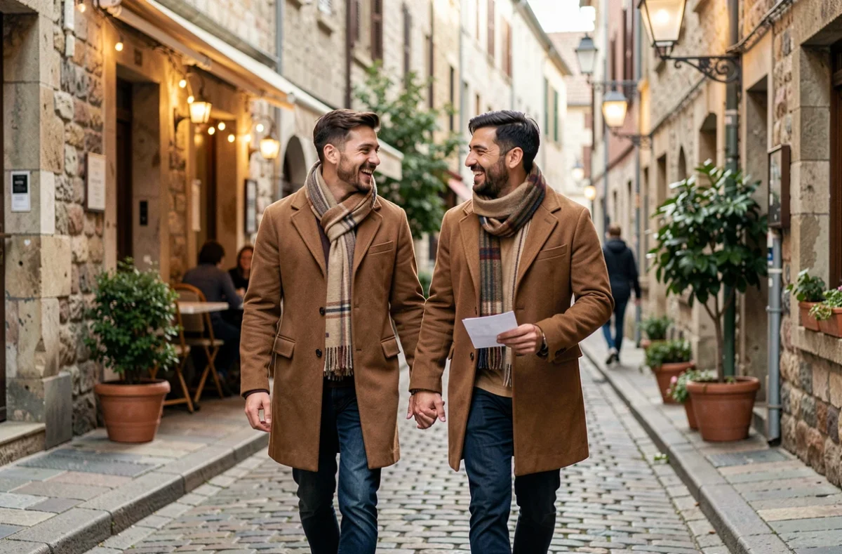 Couple amoureux se promenant dans une rue pavée historique, riant et partageant un mot doux au début de leur relation