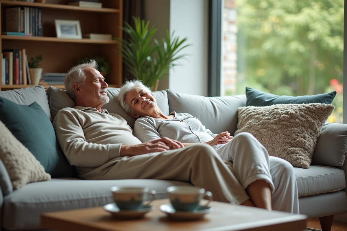 Couple âgé reposant sur un canapé dans un salon cosy