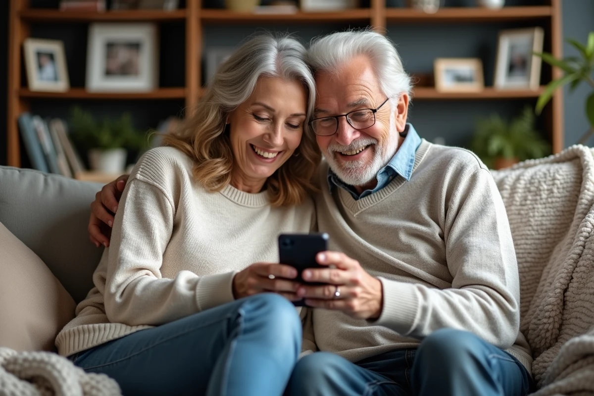 Couple âgé regardant des photos de famille sur smartphone