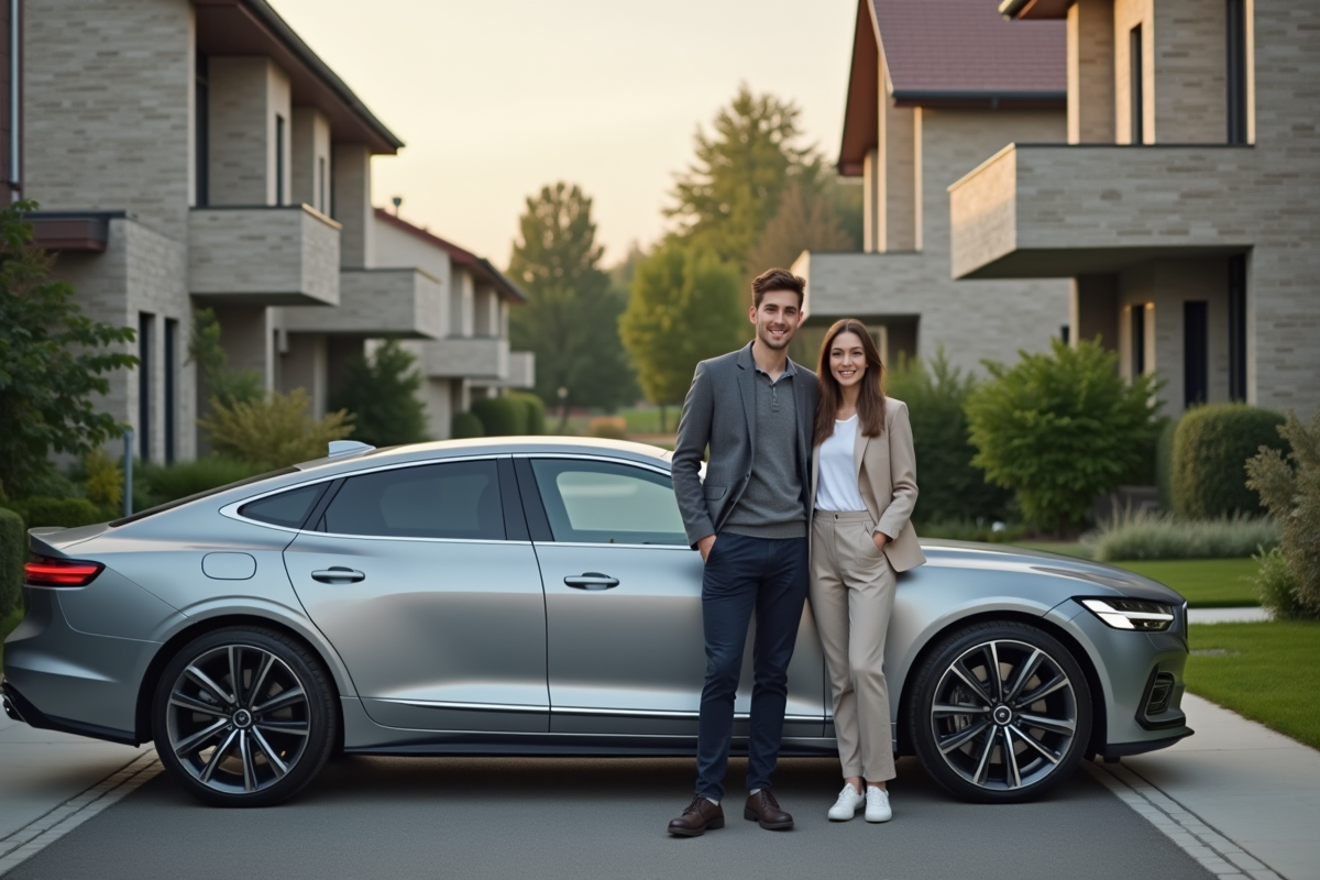 Jeune couple avec voiture dans une rue urbaine