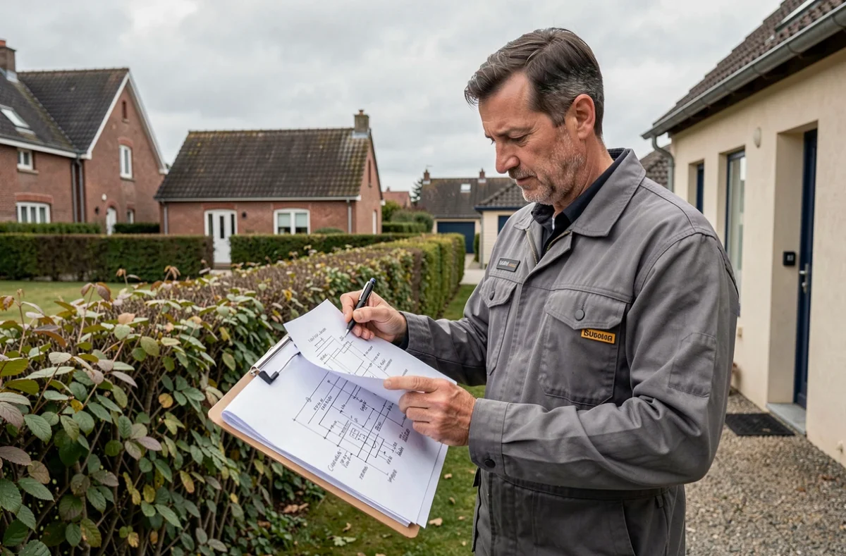 Courseaux, électricien généraliste examinant des plans électriques devant une maison en Seine-Maritime