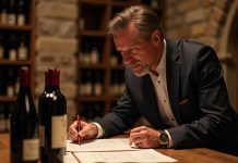 Comment constituer la liste des grands vins de Bourgogne idéale Homme en blazer dans cave à vin dégustant Bourgogne