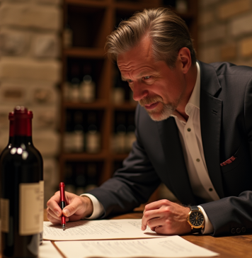 Comment constituer la liste des grands vins de Bourgogne idéale Homme en blazer dans cave à vin dégustant Bourgogne