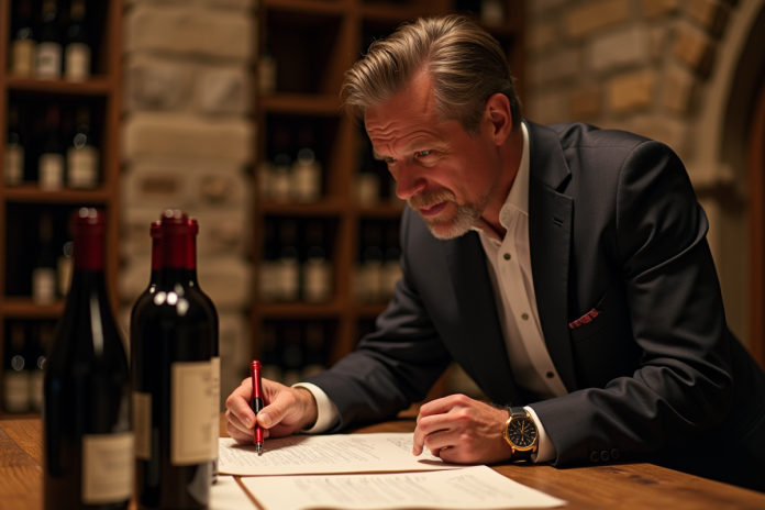 degustation-vin-bourgogne Homme en blazer dans cave à vin dégustant Bourgogne