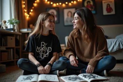 Adolescente emo discutant avec sa mère dans sa chambre, illustrant le dialogue parents-ados autour de la culture emo