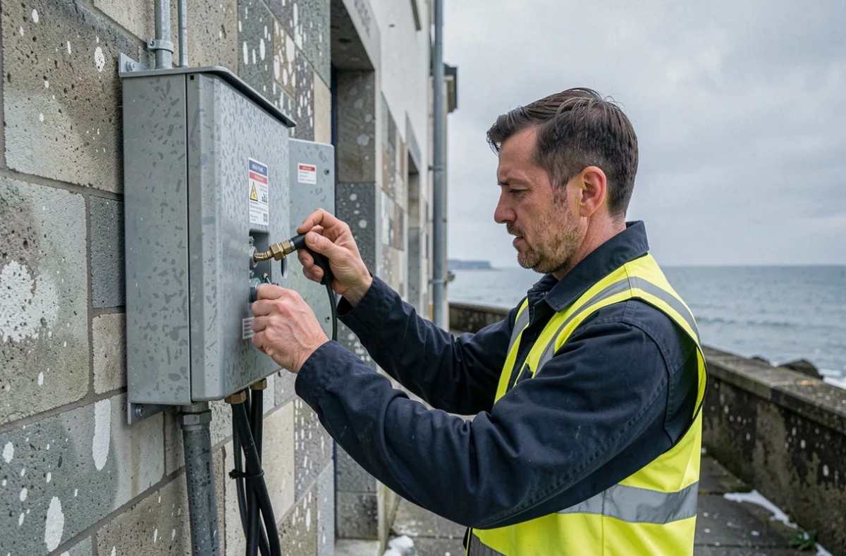 Dieppe Elec Services intervenant sur un boîtier électrique extérieur dans le contexte côtier de Dieppe