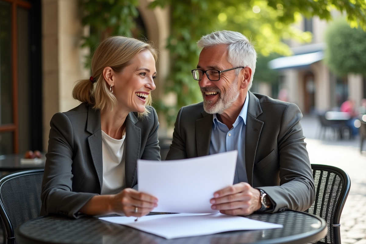 Homme et femme discutant à un café en plein air