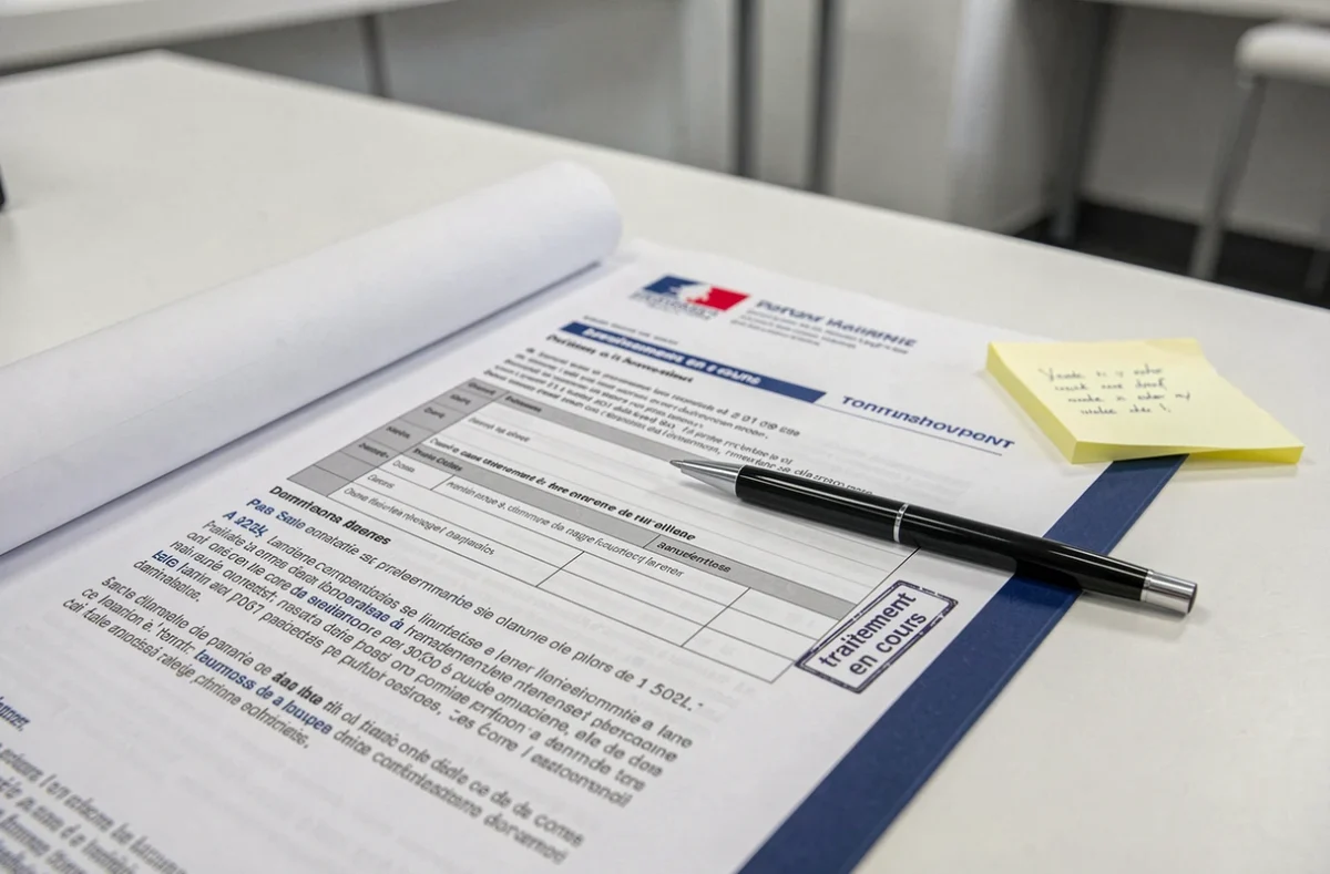 Gros plan sur un dossier administratif de naturalisation avec tampon traitement en cours SDANF