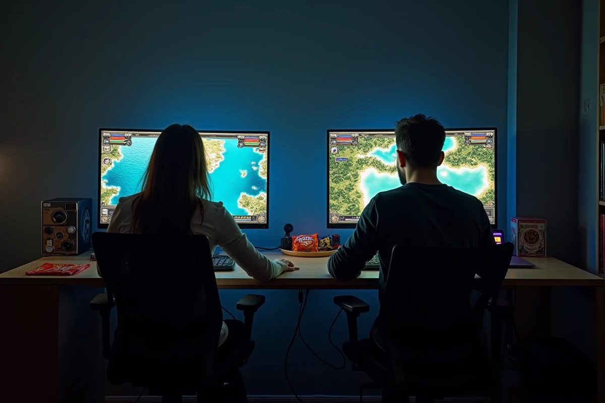 Deux joueurs adultes côte à côte dans une salle de gaming travaillant leur progression de personnage sur un MMORPG fantasy
