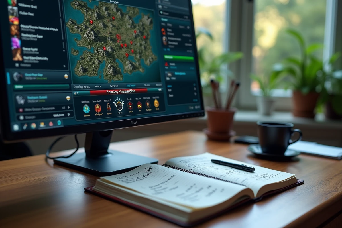 Écran de jeu MMORPG affichant une fiche de personnage avec points d'expérience et niveau avancé, accompagné d'un carnet de notes stratégiques