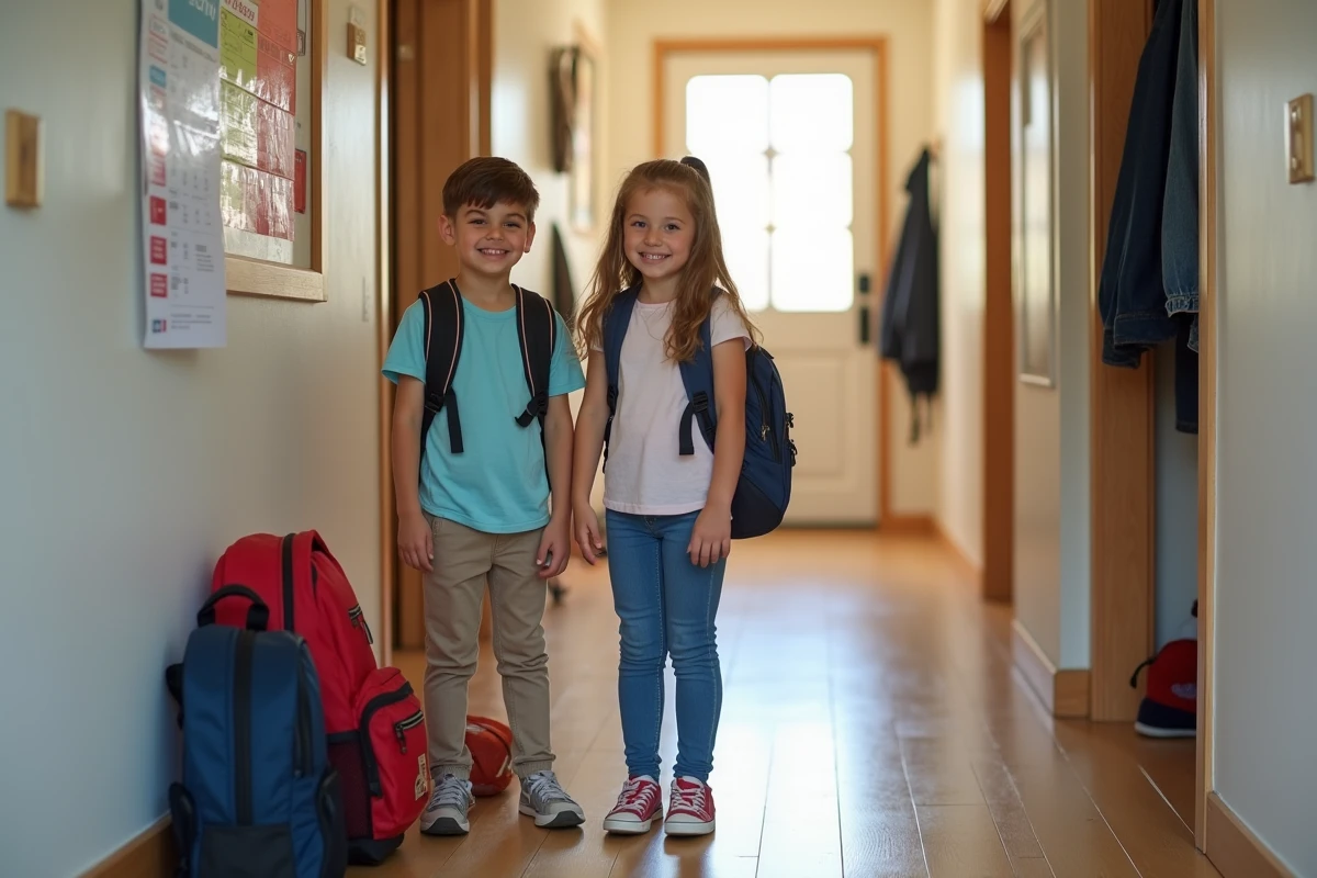 Deux enfants prêts pour le changement de semaine en résidence alternée avec sacs et planning affiché au mur
