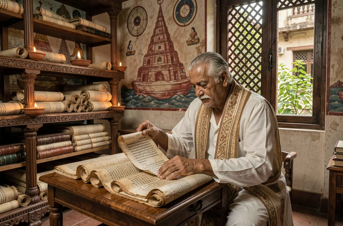 Érudit hindou étudiant un manuscrit sanskrit ancien dans une salle de temple à Varanasi, en lien avec la symbolique de Shamballa
