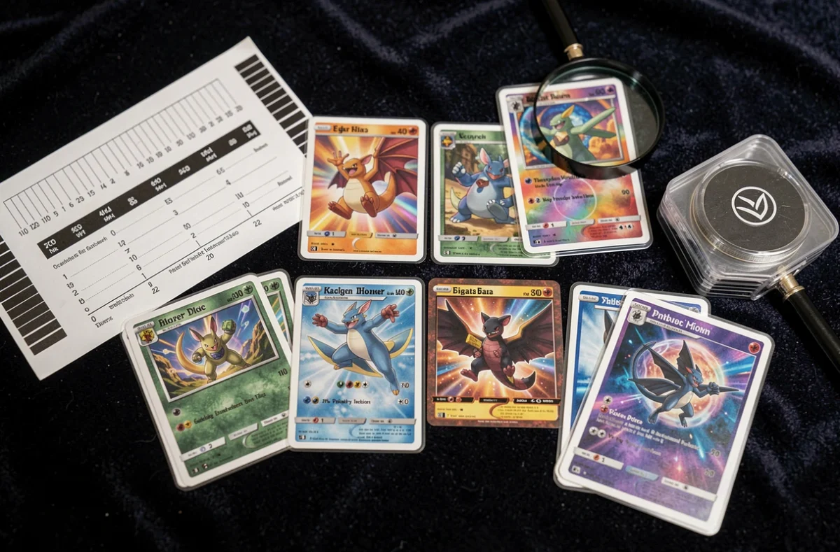 Disposition professionnelle de cartes Pokémon précieuses avec loupe et protège-cartes pour estimation de valeur