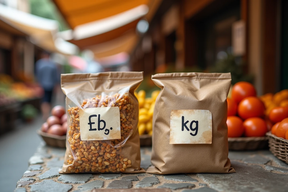 Étiquettes de produits alimentaires en livres et en kilogrammes côte à côte sur un comptoir de marché à l'étranger
