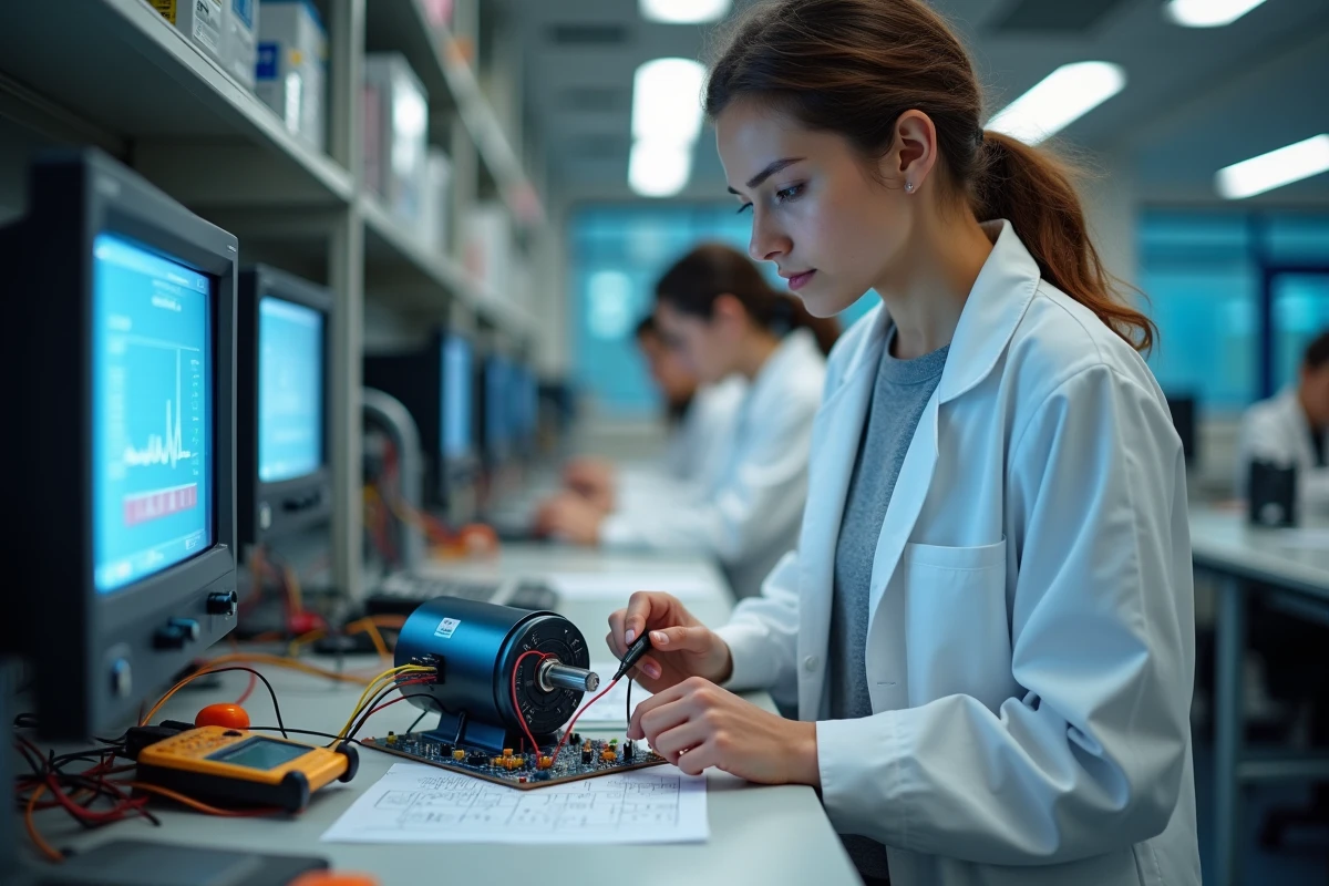 Étudiante en génie électrique câblant un moteur asynchrone triphasé sur un banc de travail en laboratoire universitaire