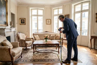Expert immobilier mesurant le salon d'un appartement ancien