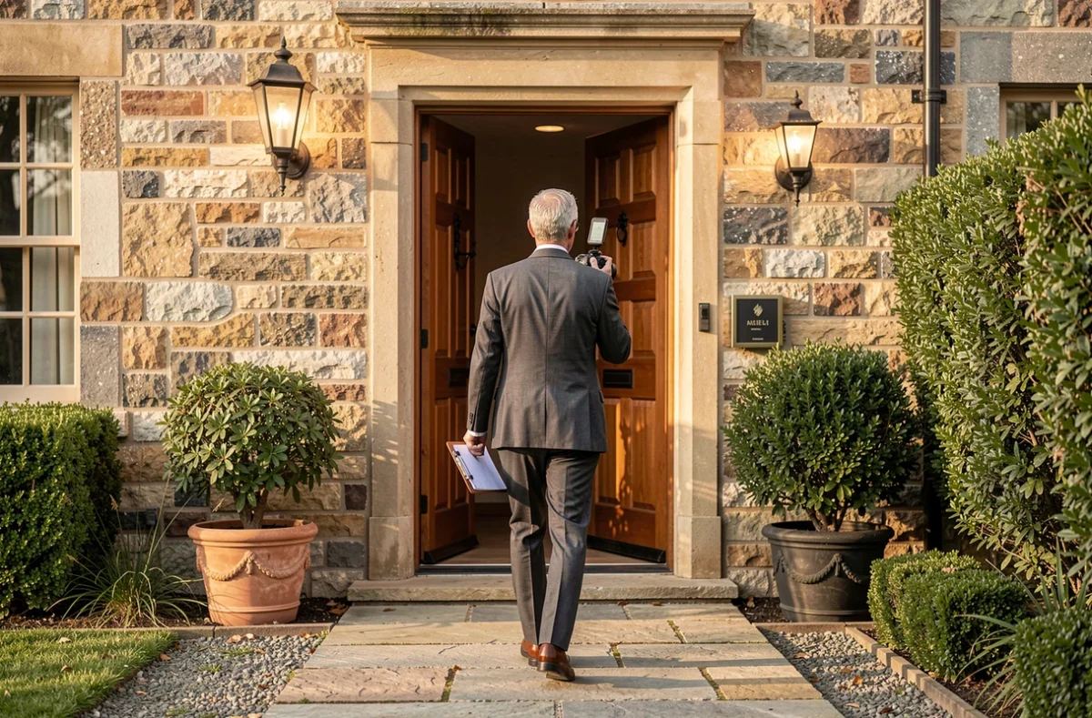 Expert prenant des notes pendant la visite d'une maison de ville