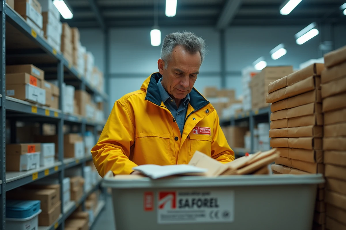Facteur triant des lettres et colis dans un centre de distribution postal en France