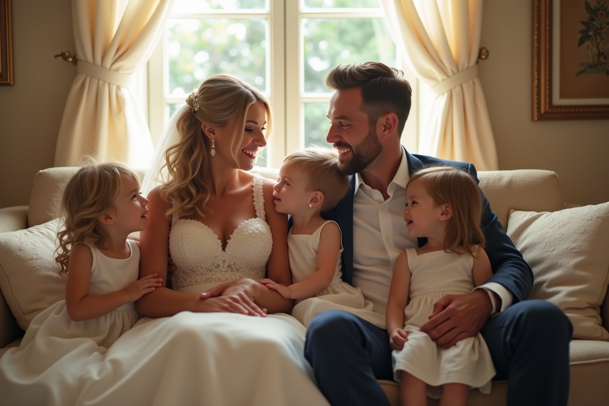 Famille réunie dans un salon chaleureux lors du mariage