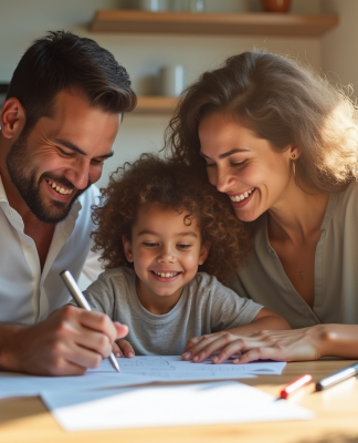Famille recomposée partageant un moment à la cuisine