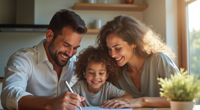 Famille recomposée partageant un moment à la cuisine