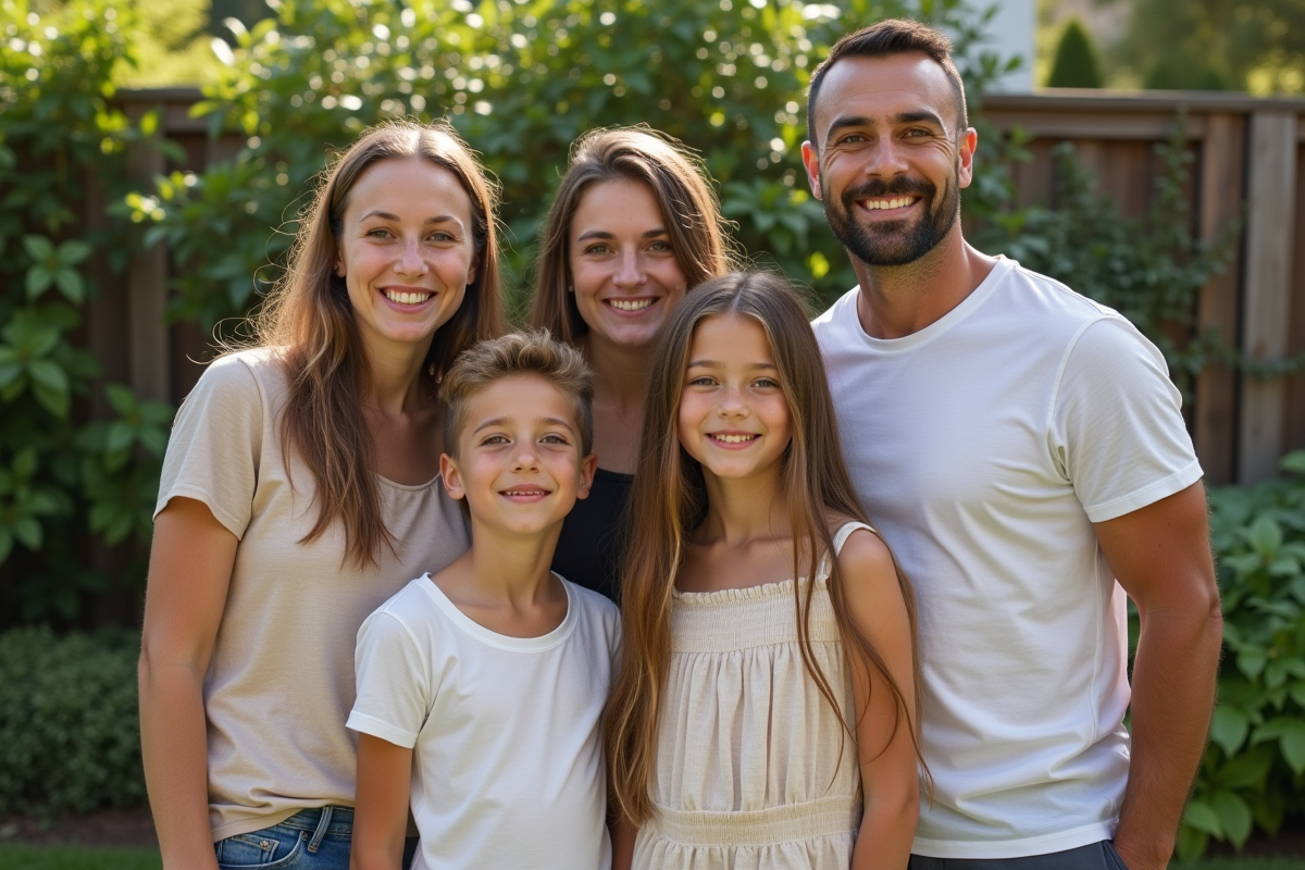 Famille posant maladroitement pour une selfie dans un jardin