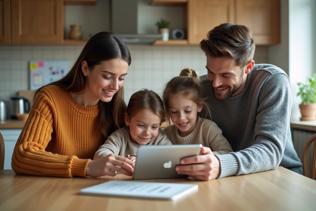 Famille autour d'une table avec tablette dans une cuisine moderne