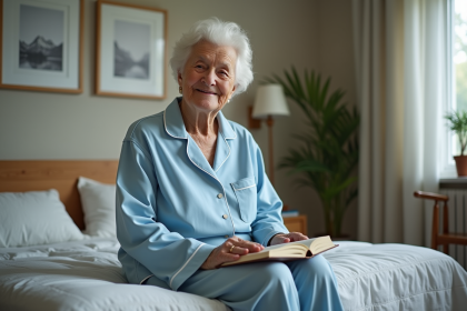 Femme âgée en pyjama bleu lisant dans sa chambre calme