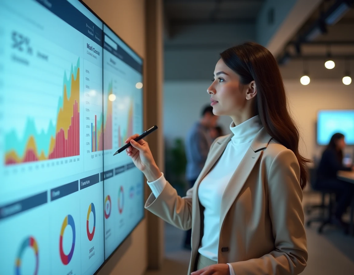Femme professionnelle analysant des tableaux de bord de tendances numériques sur un grand écran en espace de coworking moderne