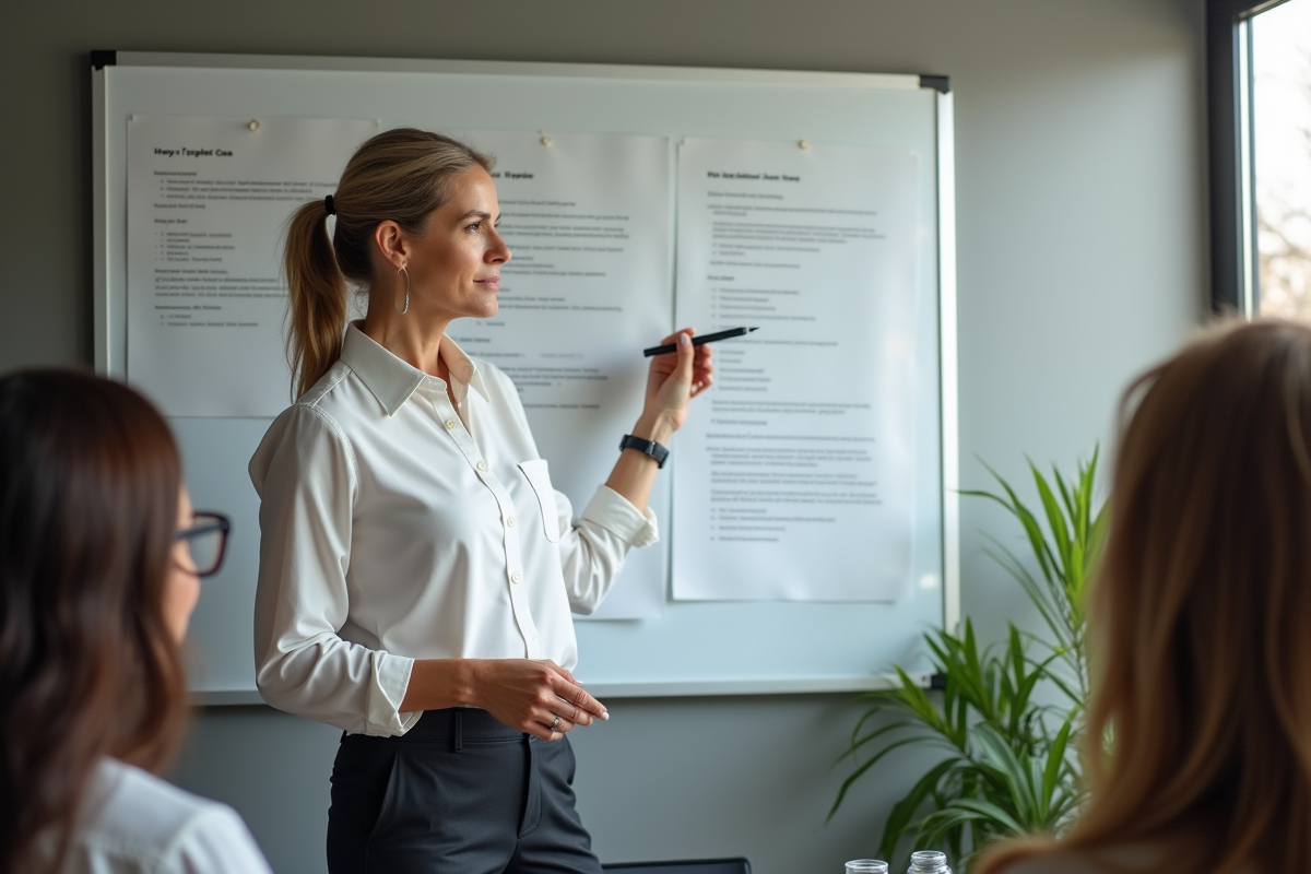 Femme en blouse pointe un tableau blanc lors d