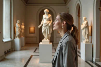 Femme inspectant une statue grecque dans une galerie d'art