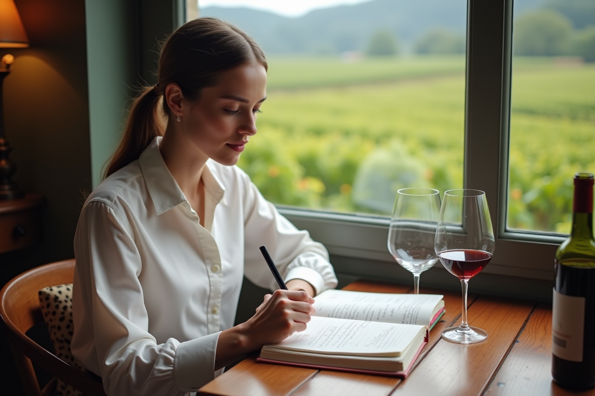 Jeune femme note vin Bourgogne dans bistro cosy
