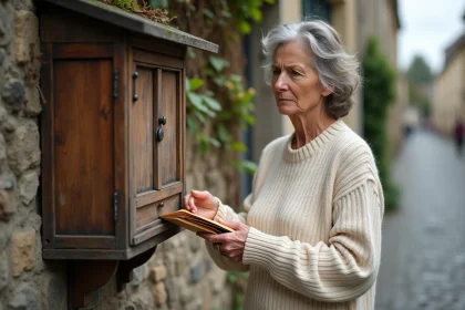 Femme consultant sa boîte aux lettres et découvrant des enveloppes en retard dans une rue pavée française