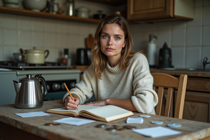 Femme réfléchissant à ses finances à la maison