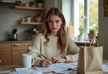 Jeune femme vérifiant ses dépenses mensuelles à la maison
