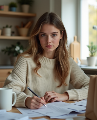 Jeune femme vérifiant ses dépenses mensuelles à la maison