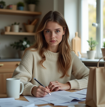 Budget vêtement mensuel : combien prévoir ? Jeune femme vérifiant ses dépenses mensuelles à la maison