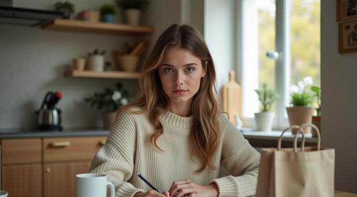 Jeune femme vérifiant ses dépenses mensuelles à la maison