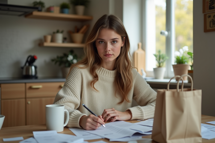 Jeune femme vérifiant ses dépenses mensuelles à la maison