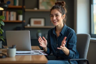Femme en réunion dans un bureau moderne avec ordinateur