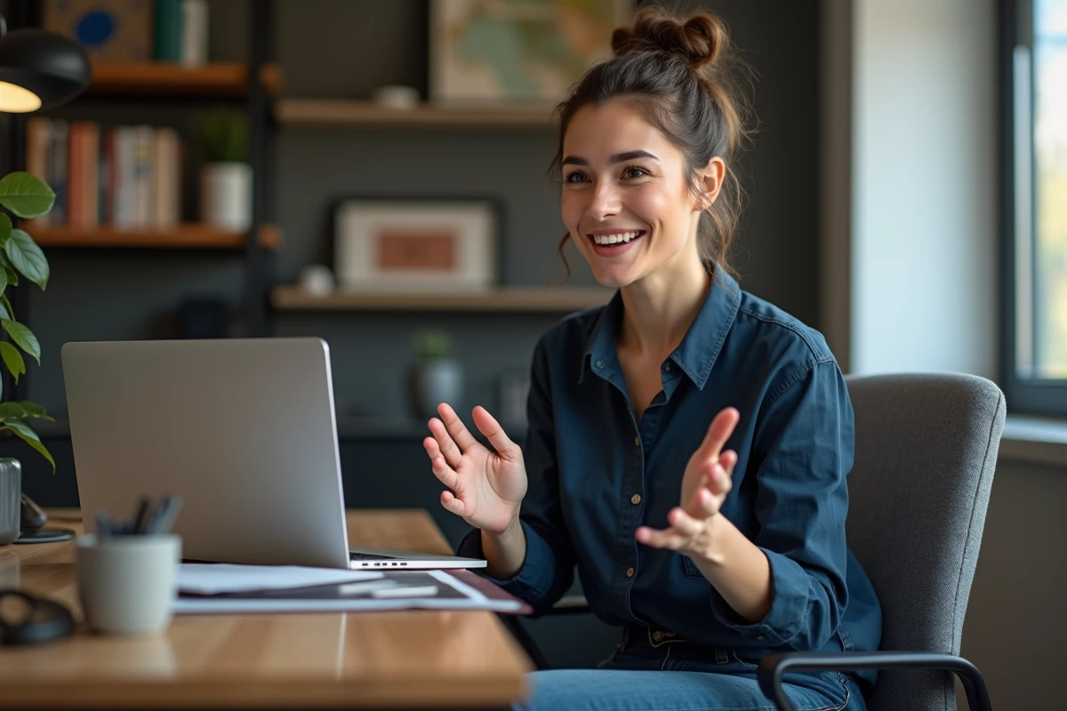 Femme en réunion dans un bureau moderne avec ordinateur