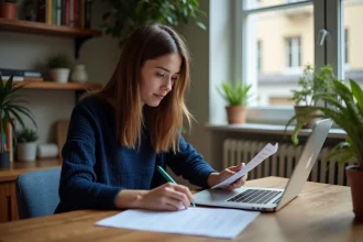 Femme concentrée sur son ordinateur dans un intérieur cosy