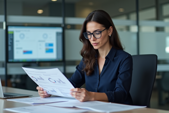 Femme professionnelle examinant des rapports de facturation