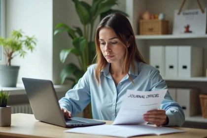 Femme fran&ccedil;aise en tenue professionnelle consulte des documents officiels