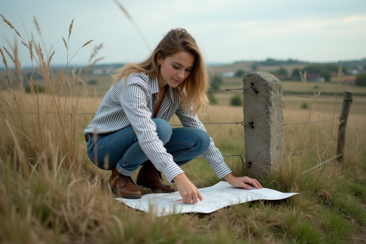 Jeune femme marquant une ligne sur une carte dans un paysage rural